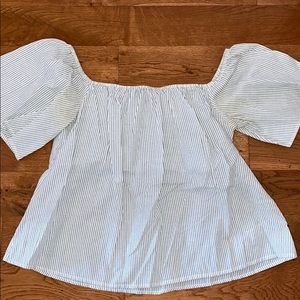 Pin/pencil striped top off the shoulder